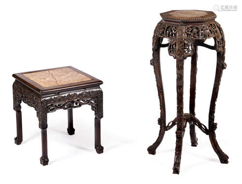 A CARVED HARDWOOD STOOL AND A STAND WITH STON TOPS