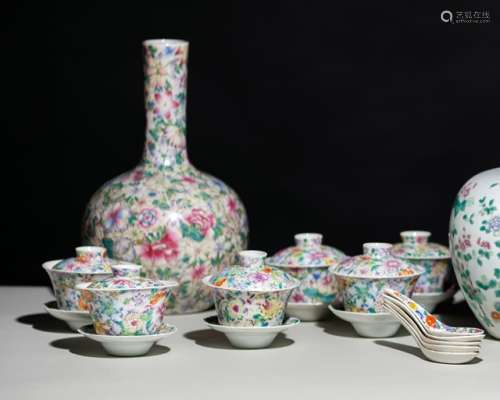 A GROUP OF SIX 'MILLE FLEUR' BOWLS WITH COVERS AND STANDS