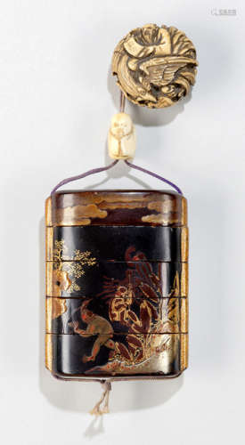 A FOUR-CASE LACQUER INRO DECORATED WITH FOUR MONKEYS PLAYING WITH A DOG