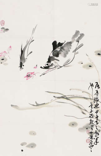 萧平（b.1942） 甲子(1984年)作 落花游鱼 立轴 设 纸本