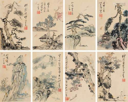 溥儒（1896～1963） 壬申(1932年)作 山水册 册页 （八开） 设色纸本