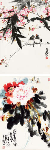 陈子毅（b.1919） 辛酉(1981年)作 牡丹蝴蝶、桃花双雀 （两幅） 镜心 设色纸本