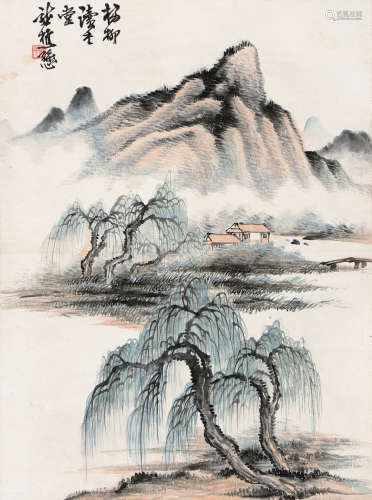 萧愻（1883～1944） 杨柳读书堂 立轴 设色纸本