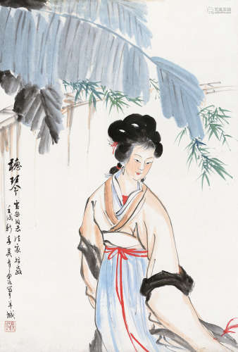 吴青霞（1910～2008） 壬戌(1982年)作 听琴 立轴 设色纸本