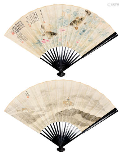 江寒汀（1903～1963）  尚小云（1900～1976） 壬辰(1952年)作 渔乐图 放牧图 成扇 设色纸本