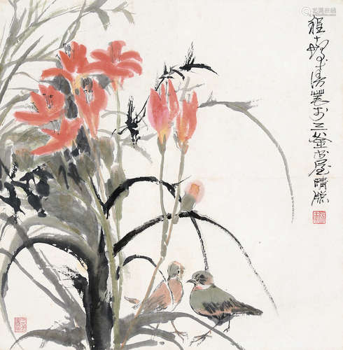 程十发（1921～2007） 花鸟 镜心 设色纸本