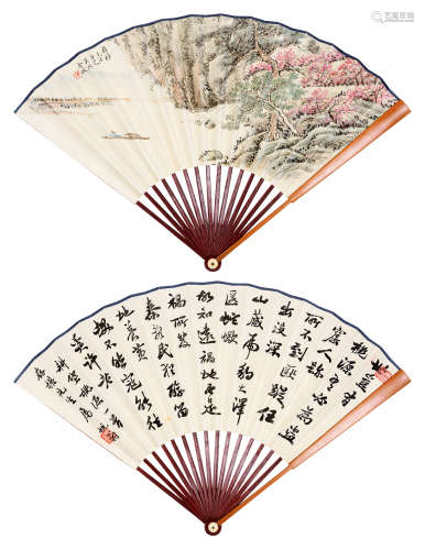 金城（1878～1926）  萧退庵（1863～1958） 山水 行书 成扇 设色纸本