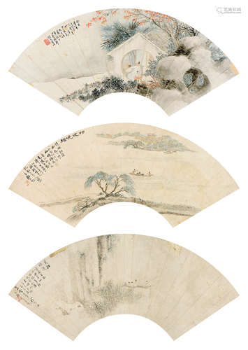 李瑶屏（1880～1938）  罗岸先（1834～1895） 癸亥(1923年) / 辛亥(1911年)作 山水人物 （三幅） 扇页 设色纸本