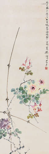 关山月（1912～2000） 戊子(1948年)作 月季花 立轴 设色纸本