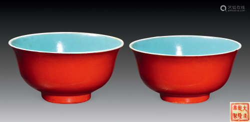 民国 珊瑚红釉碗 （一对）