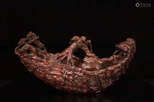 A OLD BAMBOO CARVED BOAT SHAPED ORNAMENT