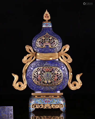 A CLOISONNE GOURD VASE EMBED WITH BLUE STONE