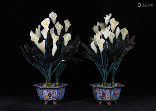 HETIAN JADE AND CLOISONNE DECORATED FLORAL POTS