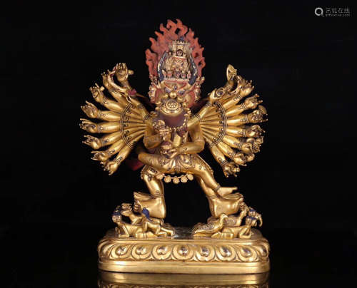 A GILT BRONZE MOLDED YAMANTAKA BUDDHA STATUE