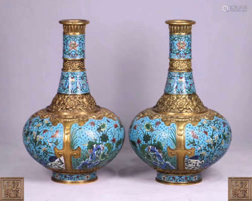 PAIR CLOISONNE FLORAL PATTERN VASES WITH MARK