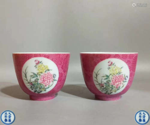 PAIR CARMINE RED GLAZE FLORAL PATTERN CUPS