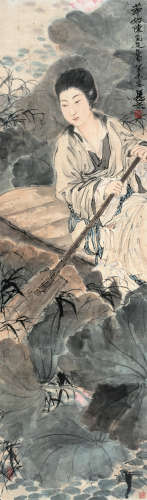 邓芬（1894～1964） 1943年作 荷塘仕女 镜框 设色纸本