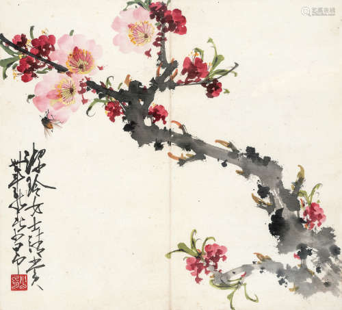 赵少昂（1905～1998） 1941年作 桃花蜜蜂 镜框 设色纸本