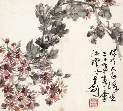 高剑父（1879～1951） 1941年作 菊花 镜框 设色纸本