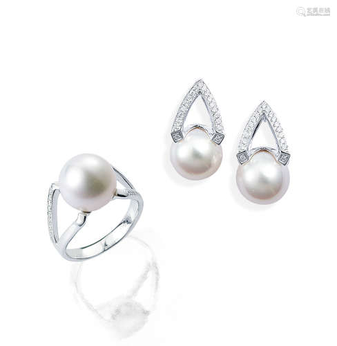 珍珠 配 钻石 戒指 及 耳环 （一套）