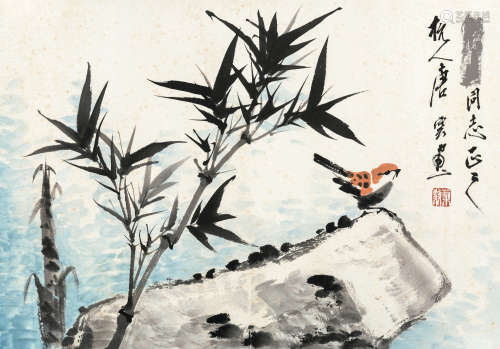 唐云（1910～1993） 竹石图 镜框 设色纸本