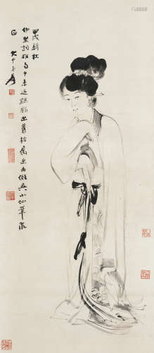 张大千（1899～1983） 1934年作 拟吴伟仕女 镜框 水墨纸本