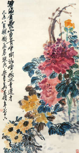 吴昌硕（1844～1927） 1919年作 富贵花开 镜框 设色纸本