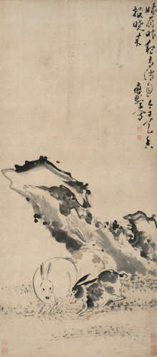 黄慎（1687～1768） 双兔 立轴 设色纸本