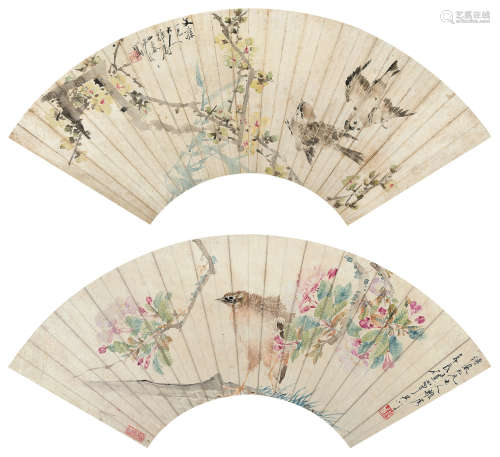 沙馥 任薰（1831～1906） 花鸟 扇面 （二开） 设色纸本