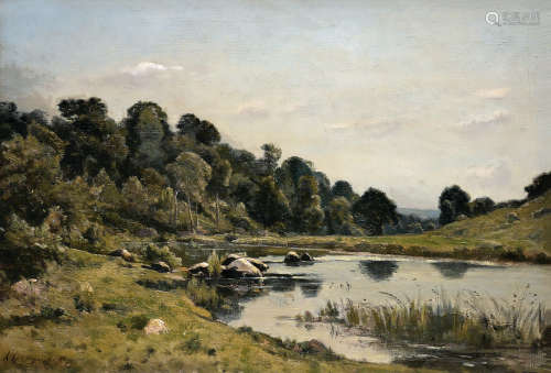 亨利·约瑟夫·哈比尼（1819～1916） 欧芒边缘山地河岸景色 布面 油画