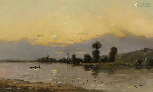 伊波利·卡米尔·德尔佩（1842～1910） 河边日落 木板 油画