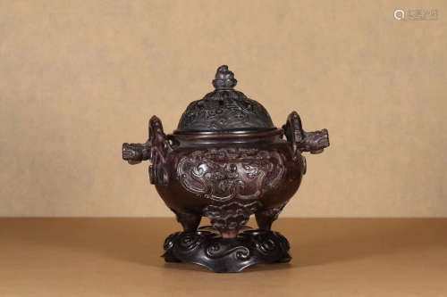 19TH CENTURY, A DRAGON DESIGN AGARWOOD DOUBLE-EAR COVERED CENSER, LATE QING DYNASTY