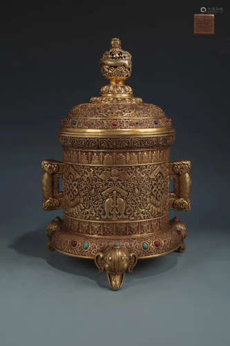 17-19TH CENTURY, A GILT BRONZE DOUBLE-EAR THREE FEET CENSER, QING DYNASTY