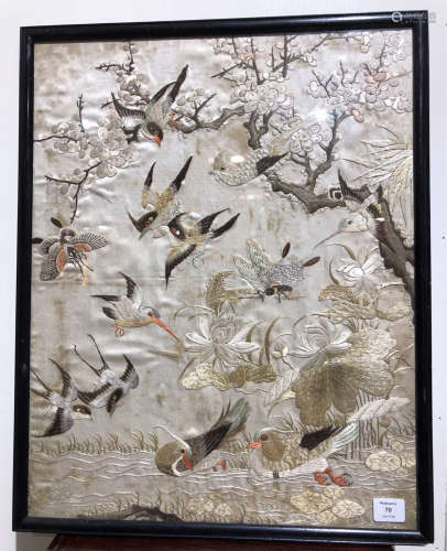 17-19TH CENTURY, A BIRD&FLORAL PATTERN EMBROIDERY, QING DYNASTY