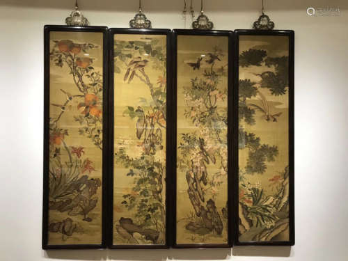 A SET OF FLORAL&BIRD PATTERN SILK TABLE SCREENS