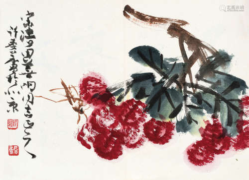 许麟庐（1916～2011） 荔枝草虫 镜片 设色纸本