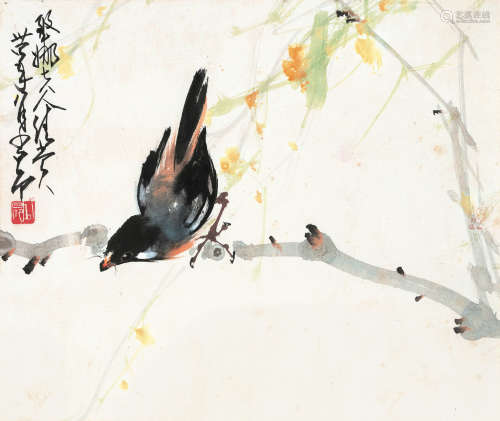 赵少昂（1905～1998） 1945年作 柳荫喜鹊 镜框 设色纸本