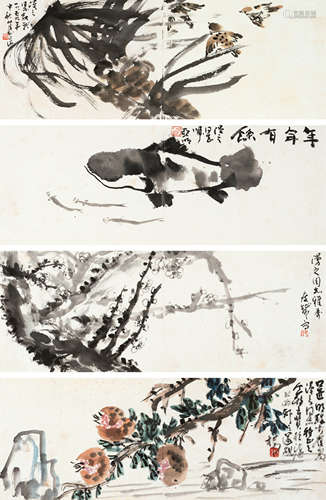 关山月（1912～2000）  亚明（1924～2002）（等） 花鸟四开 镜框 设色纸本