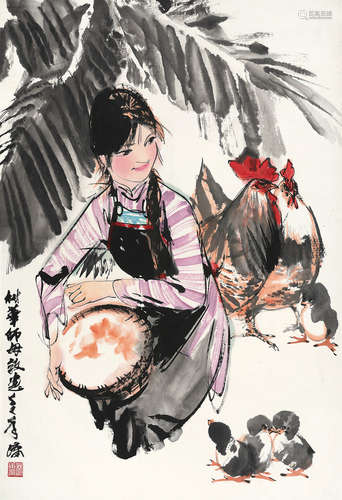 林墉（b.1942） 饲鸡图 镜框 设色纸本