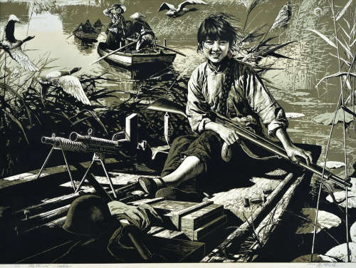 袁庆禄（b.1953） 1977年作 雁翔儿女 套色 木刻版画