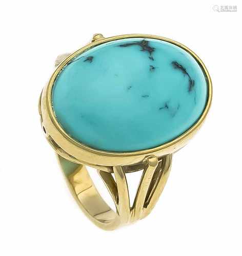 Türkis-Ring GG 585/000 mit einem ovalen Türkiscabochon 18 x 13 mm in guter Farbe, RG 53,7,7