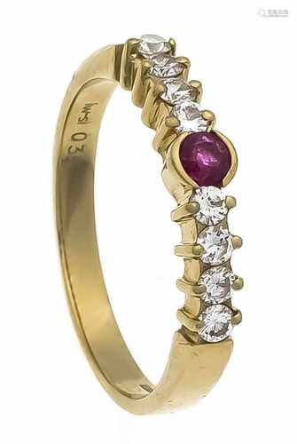 Rubin-Brillant-Ring GG 750/000 mit einem rund fac. Rubin 3 mm in sehr guter Farbe und 8Brillanten,