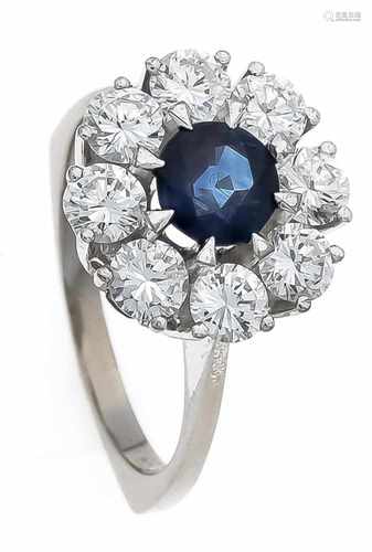 Saphir-Brillant-Ring WG 750/000 mit einem rund fac. Saphir 1,09 ct in sehr guter Farbe und8