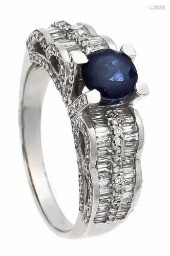 Saphir-Brillant-Ring WG 750/000 mit einem rund fac. Saphir 6 mm, 0,84 ct in guter Farbesowie