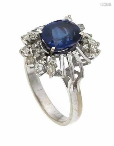 Saphir-Diamant-Ring WG 750/000 mit einem oval fac. Saphir 3,0 ct in sehr guter Farbe undDiamanten,