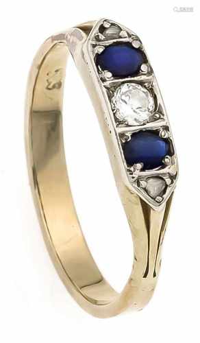 Saphir-Diamant-Ring GG/WG 585/000 mit einem Altschliffdiamanten 0,08 ct W/SI, 2 oval fac.Saphiren