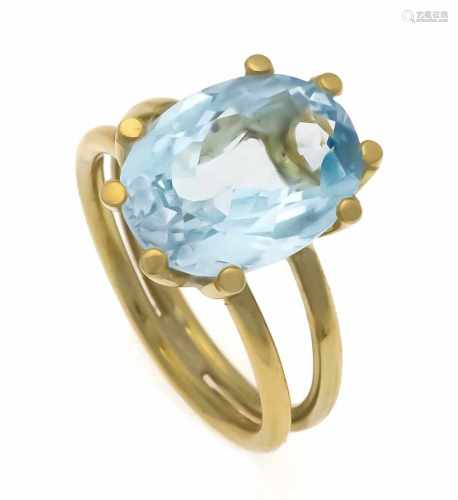 Blautopas-Ring GG 585/000 mit einem oval fac. Blautopas 16 x 11,5 mm in guter Farbe, RG59, 7,9 gBlue