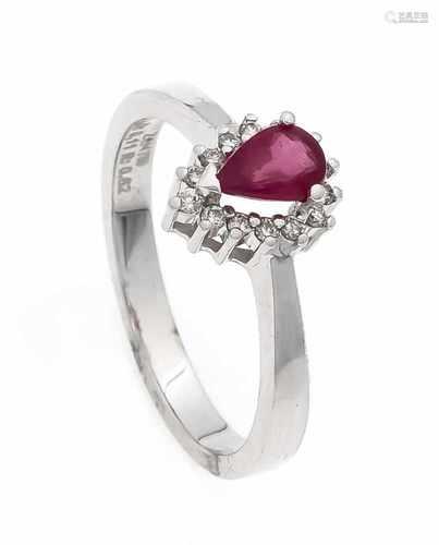 Rubin-Brillant-Ring WG 750/000 mit einem tropfenförmig fac. Rubin 0,62 ct in guter Farbeund