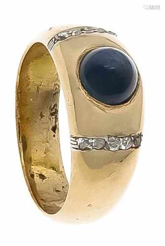 Saphir-Diamant-Ring RG 585/000 ungest., gepr., mit einem runden Saphir-Cabochon 6,6 mm inguter Farbe
