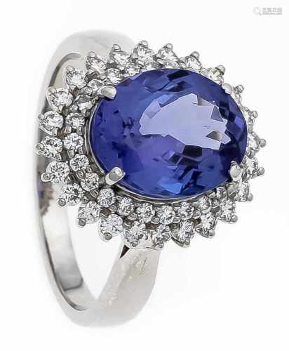 Tansanit-Brillant-Ring WG 750/000 mit einem exzellenten, oval fac. Tansaniten 3,41 ct